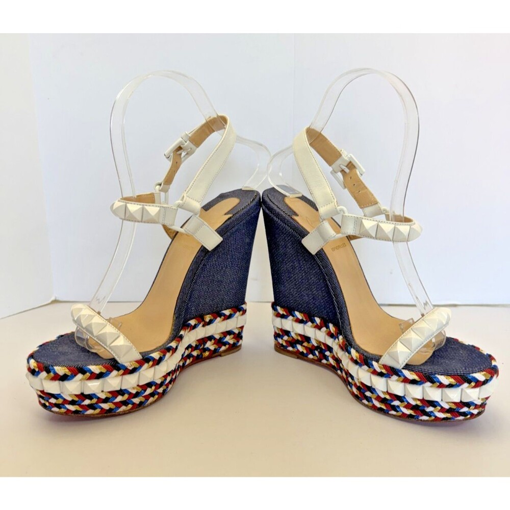 Christian Louboutin Cataclou Espadrille Sandals Red White Blue Denim Size 37 / 7 - Picture 3 of 15